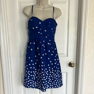 Madison Leigh Blue Strapless Dress with White Polka Dots